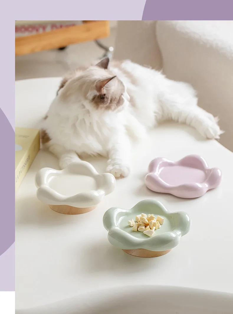 Cat Ceramic Bowl Small Pet Elevated Food Water Feeders Puppy Dog Drinking Eating Dish Plate with Wooden Stand